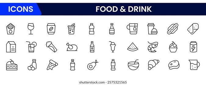 Food and drink web icons in line style. Meal, restaurant, dishes, fruits, fastfood, burger, pizza, coffee, sandwich, collection. Vector illustration.
