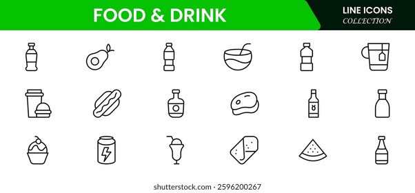 Food and drink web icons in line style. Meal, restaurant, dishes, fruits, fastfood, burger, pizza, coffee, sandwich, collection. Vector illustration.