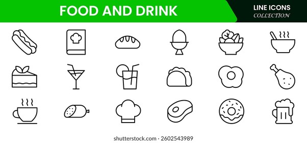 Food and drink web icons in line style. Meal, restaurant, dishes, fruits, fastfood, burger, pizza, coffee, sandwich, collection. Vector illustration.