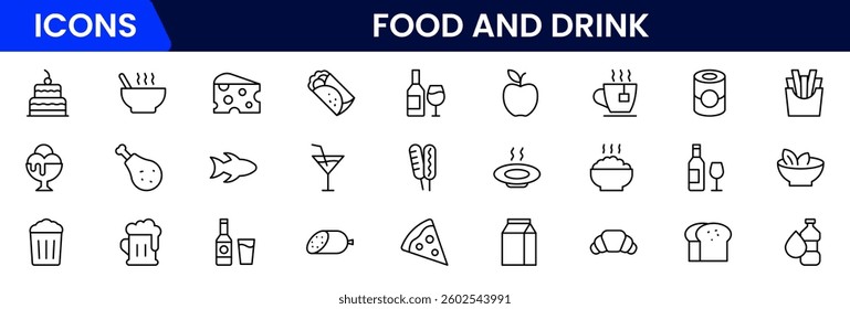 Food and drink web icons in line style. Meal, restaurant, dishes, fruits, fastfood, burger, pizza, coffee, sandwich, collection. Vector illustration.