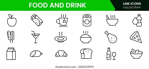Food and drink web icons in line style. Meal, restaurant, dishes, fruits, fastfood, burger, pizza, coffee, sandwich, collection. Vector illustration.