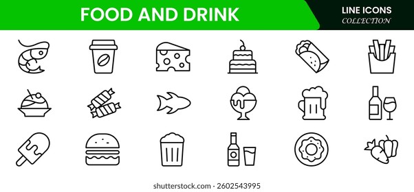 Food and drink web icons in line style. Meal, restaurant, dishes, fruits, fastfood, burger, pizza, coffee, sandwich, collection. Vector illustration.