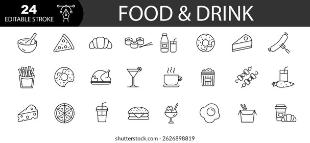 Food and drink web icons in line style. Editable stroke. Vector illustration.