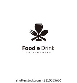 Food and drink, wine glass and fork spoon minimalist logo design vector  