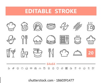 Food and drinks 20 line icons. Vector illustration in line style. Editable Stroke, 64x64, 256x256, Pixel Perfect.