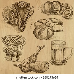 Food and Drinks around the World (part 4). Collection of hand drawn illustrations (originals, no tracing). Description: Each drawing comprise of two layers of outlines, colored background is isolated.