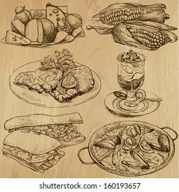 Food and Drinks around the World (part 3). Collection of hand drawn illustrations (originals, no tracing). Description: Each drawing comprise of two layers of outlines, colored background is isolated.