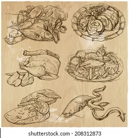 Food and Drinks around the World (vector pack no. 11). Collection of an hand drawn illustrations (originals). Each drawing comprises of two layers of outlines, the colored background is isolated.