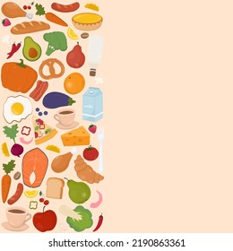 Comida y bebidas. Comida, bebida, panadería, verduras y fruta con espacio para copiar texto.