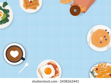 Food and drinks background. Coffee, breakfast, and pastry bakery on a blue background with copy space.