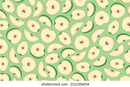 Food and drinks. Background. Texture. Slices of green apples on a mint background. Multicolored image. Vector illustration.