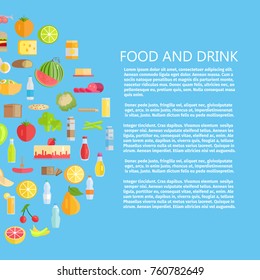 Food and drinks banner with dairy products and healthy organic fruits and vegetables vector illustration on blue background with text