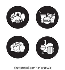 Food and drinks black icons set. Sweets, sliced bread, beer glass and wine bottle. Pub and bakery signs. Confectionery shop and fast food restaurant logo concepts. Vector silhouettes illustrations