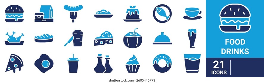 Food and drinks blue web icons. Restaurant, Fast food. Burger, donut, pizza, ice cream, coffee.