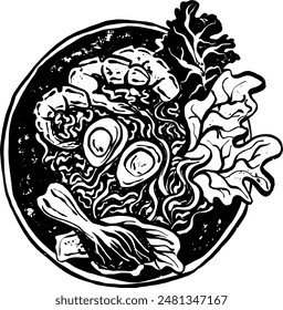 Comida y bebidas boho. Diseño minimalista dibujado a mano. Perfecto para el Fondo de pantalla, Plantilla, Anuncio, decoración de la pared, impresión, postal, cubierta. Vector boceto ilustración ramen