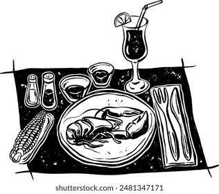 Food and drinks boho. Hand drawn minimal design. Perfect for wallpaper, template, banner, wall decor, print, postcard, cover. Vector sketch illustration Dining table lobster and cocktail