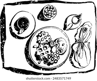 Food and drinks boho. Hand drawn minimal design. Perfect for wallpaper, template, banner, wall decor, print, postcard, cover. Vector sketch illustration Belgian waffles with blackberry coffee, cream