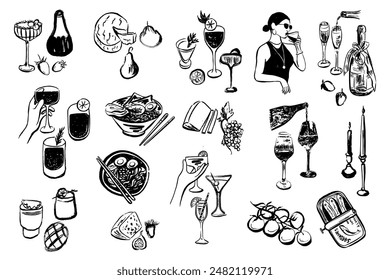 Comida y bebidas en colección estilo boho. Diseño minimalista dibujado a mano. Perfecto para el Fondo de pantalla, Plantilla, Anuncio, decoración de la pared, impresión, postal, cubierta. Ilustración vectorial 
