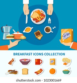 Food and drinks for breakfast flat colorful icons collection with flakes coffee toast bacon porridge orange isolated vector illustration