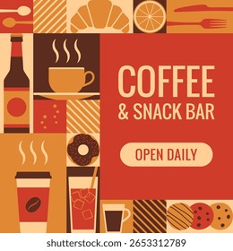 Food and drinks at the cafe geometric background with icons, copy space