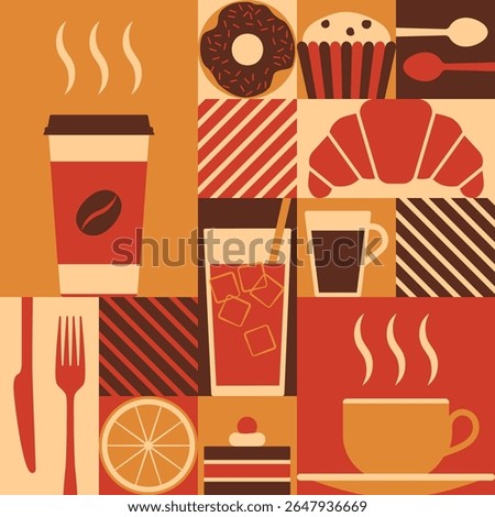 Food and drinks at the cafe geometric background with icons