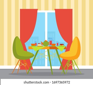 Speisen und Getränke, Café-Tisch, Vektorillustration im Inneren und Möbel. Kuchen und Donut, Tee und Limonade, Fenster und Vorhänge, Cafeteria-Innenausstattung, Desserts