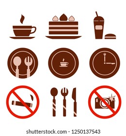 Food, drinks, camera, no Smoking: set of 9 vector icons. Cake, cake, plate, opening hours, fork, spoon