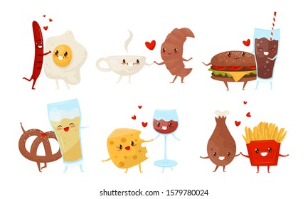 Food and Drinks Cartoon Characters, Best Friends Collection, Delicious Fast Food Menu Dises with Friendly Faces Vector Illustration