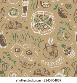 Food and drinks chalk drawing seamless pattern on cardboard. Pizza, fried eggs, pastry, lemon, coffee, avocado, smoothie, cakes, ice cream, croissant Illustrations in organic handmade style