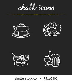 Food and drinks chalk icons set. Tea, confectionery, fastfood and alcohol drinks illustrations. Isolated vector chalkboard drawings