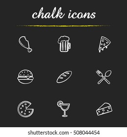 Food and drinks chalk icons set. Chicken leg, foamy beer mug, pizza slice, hamburger, loaf of bread, eatery symbol, margarita cocktail, cheese. Isolated vector chalkboard illustrations