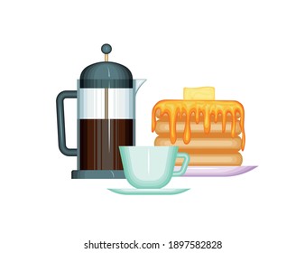 Food and drinks. A coffee pot, a cup and a slide of pancakes with honey and a piece of butter. Multi-colored image. Close-up. Design element. Vector illustration.
