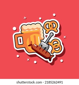 Food and drinks concept with beer glass, pretzels and sausage sticker illustration