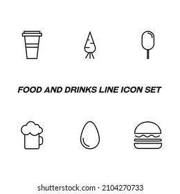 Food and drinks concept. Modern outline symbol and editable stroke. Line icon pack including signs of disposable cup, carrot, ice cream, bear, hamburger 
