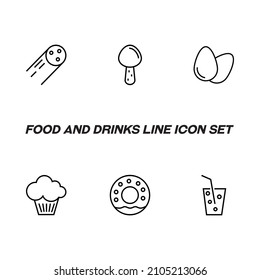 Food and drinks concept. Modern outline symbol and editable stroke. Line icon pack including signs of sausage, egg, mushroom, sparkling water, doughtnut, cupcake
