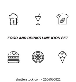 Food and drinks concept. Modern outline symbol and editable stroke. Line icon pack including signs of bear, coctail, ice cream, burger, orange 
