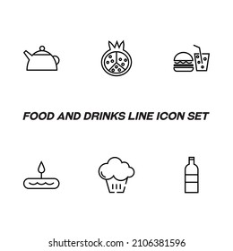 Food and drinks concept. Modern outline symbol and editable stroke. Line icon pack including signs of kettle, pomegranate, hamburger, sparkling water, cake, vine 