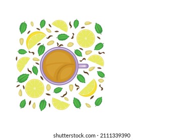 Food and drinks. Cup of tea with lemon and mint. Multicolored image. There is free space for text. Vector illustration.