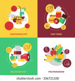  Food and drinks design concept icons set with vegetarian diet fast food balanced diet and fruitarianism flat isolated vector illustration 