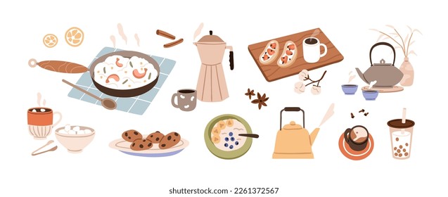 Food, drinks, dishes for breakfast. Morning meal, eating set. Oatmeal porridge, hot tea cup, coffee mug, cookies, paella, sugar and teakettle. Flat vector illustrations isolated on white background