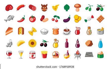 Food and drinks flat color vector isolated icon set on white background.