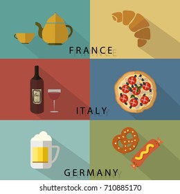 Food and drinks flat design icon set.France,Italy and Germany traditional cuisine.Tea,coffee,wine,beer,croissant,pizza,pretzel and sausage.Vector illustration.