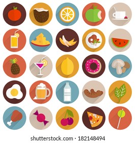 Food and Drinks Flat Design Icons Set. Vegetables and Fruits, Meat, Cocktails, Milk, Juices and Smoothies, Cheese and Pizza. Eps 10 Vector Illustration.