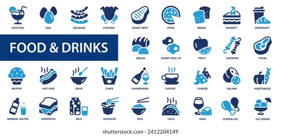 Food  drinks flat icons set. Restaurant, meal, meat, vegetables, fish, dishes, fruit, milk, pizza icons and more signs. Flat icon collection.