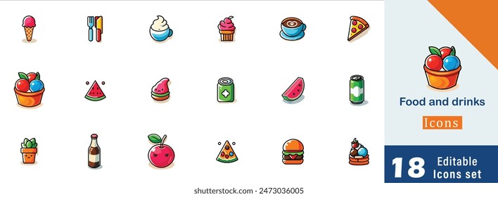 Food and drinks flat icons set. Restaurant, ice cream, dishes, fruit, milk, juice container, pizza colorful icons and more signs.