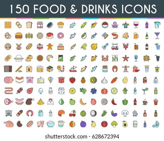 Food And Drinks Flat Line Icons Set. Vector Illustration