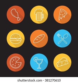 Food and drinks flat linear long shadow icons set. Restaurant menu items. Chicken leg, pizza slice and hamburger symbols. Beer and cocktail icons. Outline logo concepts. Vector illustrations