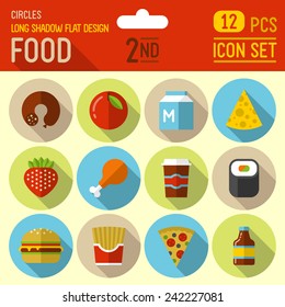 Food and drinks flat long shadow design circle icon 1st set. 12 pcs. Trendy vector illustrations.