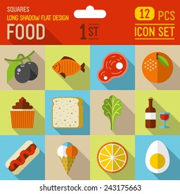 Food and drinks flat long shadow design square icon 2nd set. 12 pcs. Trendy vector illustrations.