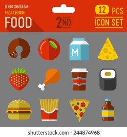 Food and drinks flat long shadow design icon 1st set. 12 pcs. Trendy vector illustrations.